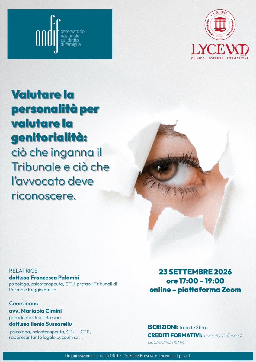 Locandina dell’incontro «Valutare la personalità per valutare la genitorialità» del 23 settembre 2026, organizzato da ONDIF Brescia e Lyceum