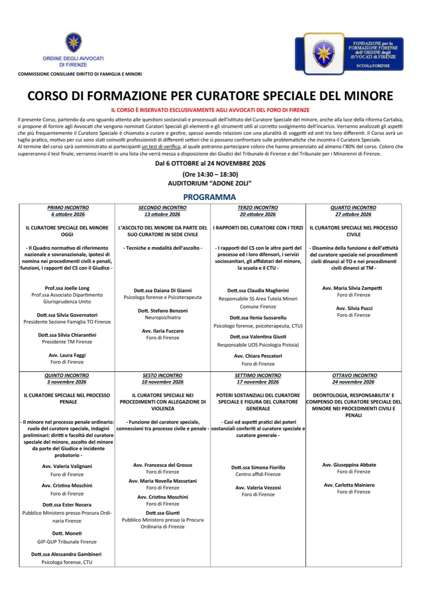 Locandina del Corso di formazione per Curatore Speciale del Minore dell’Ordine degli Avvocati di Firenze, dal 6 ottobre al 24 novembre 2026