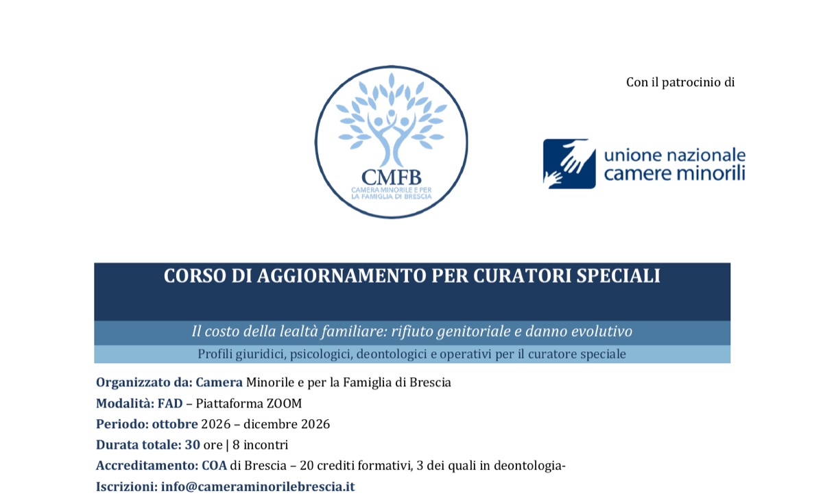 Intestazione della locandina del Corso di aggiornamento per Curatori Speciali della Camera Minorile e per la Famiglia di Brescia, ottobre–dicembre 2026